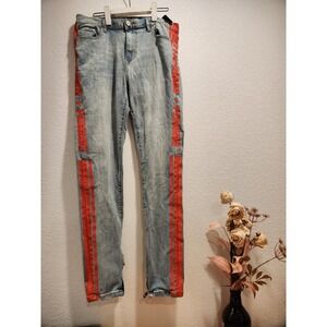 HOMME + FEMME‎ Red Stripe Jeans Size 32 Logo Denim Ankle Zip Distressed YKK